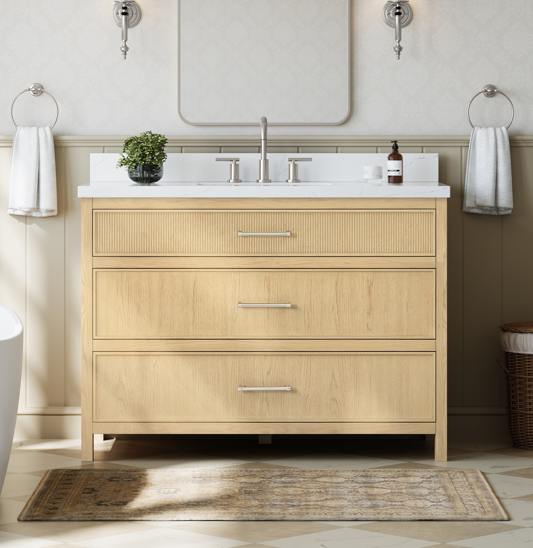 48" Single Bathroom Vanity in Scandinavian Oak, Base only, Brushed Nickel Trim with Countertop Options and Hardware Option