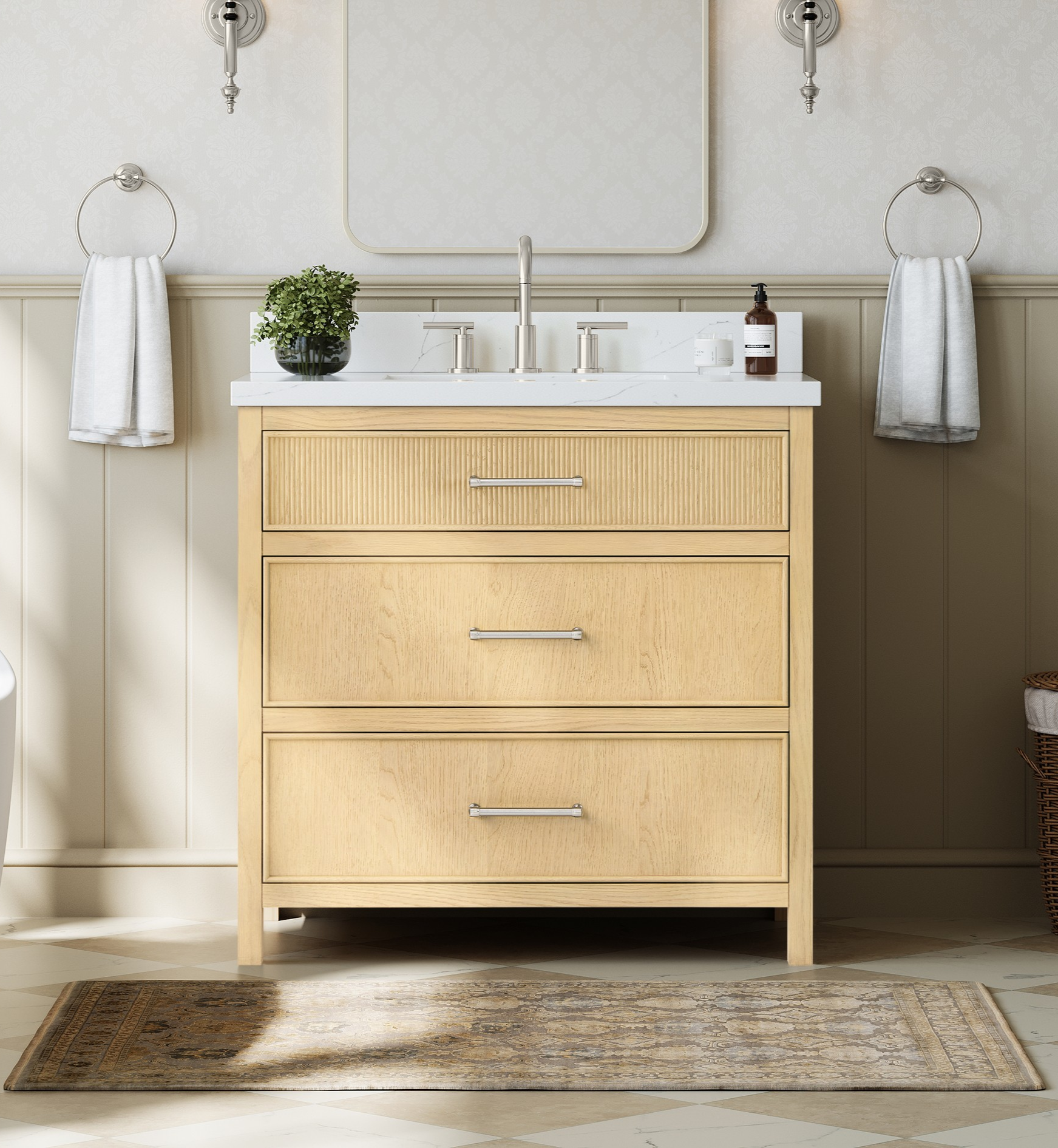 36" Single Bathroom Vanity in Scandinavian Oak, Base only, Brushed Nickel Trim with Countertop Options and Hardware Option