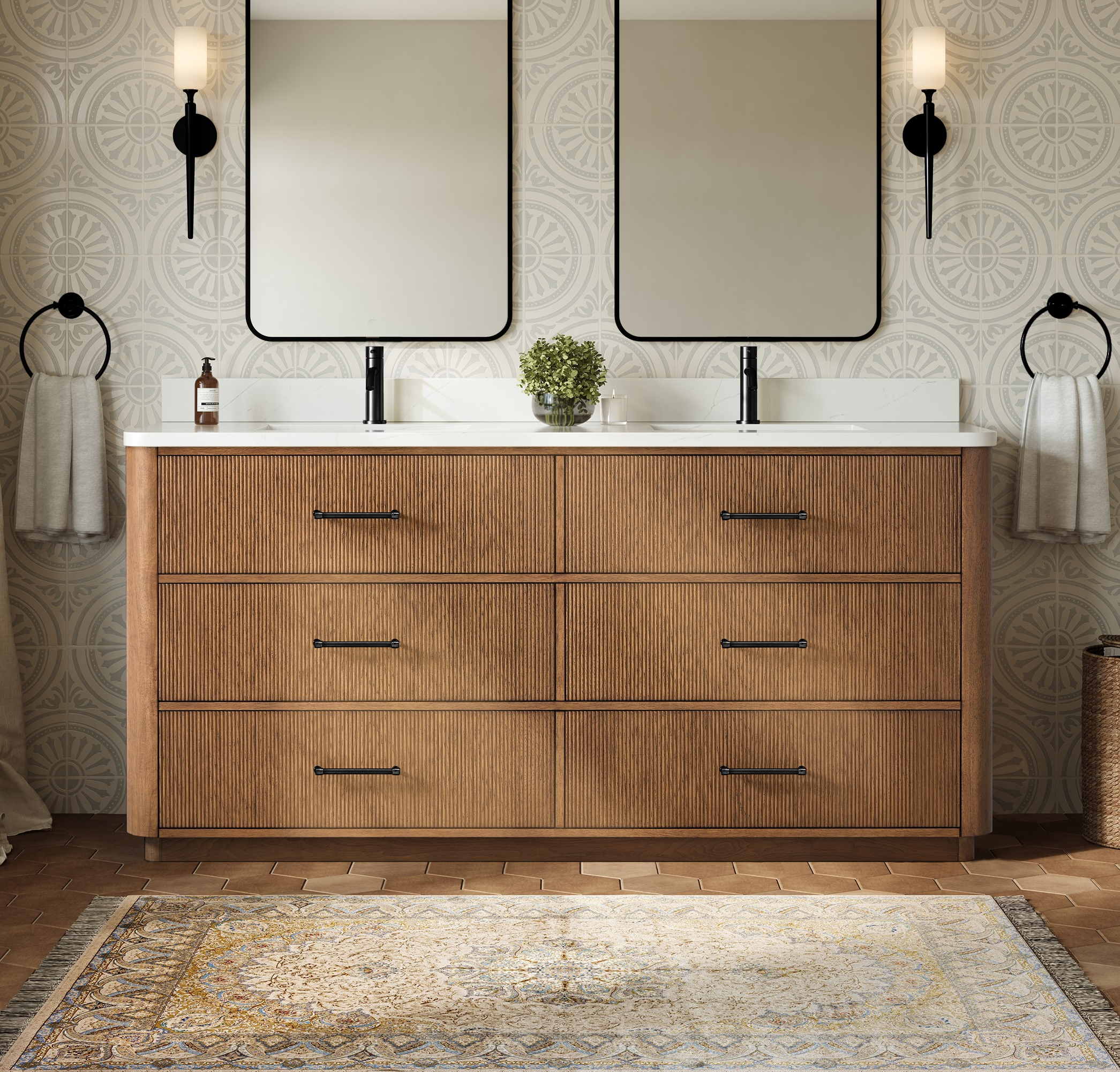 72" Double Bathroom Vanity in Toasted Walnut, with Countertop Options and Hardware Option