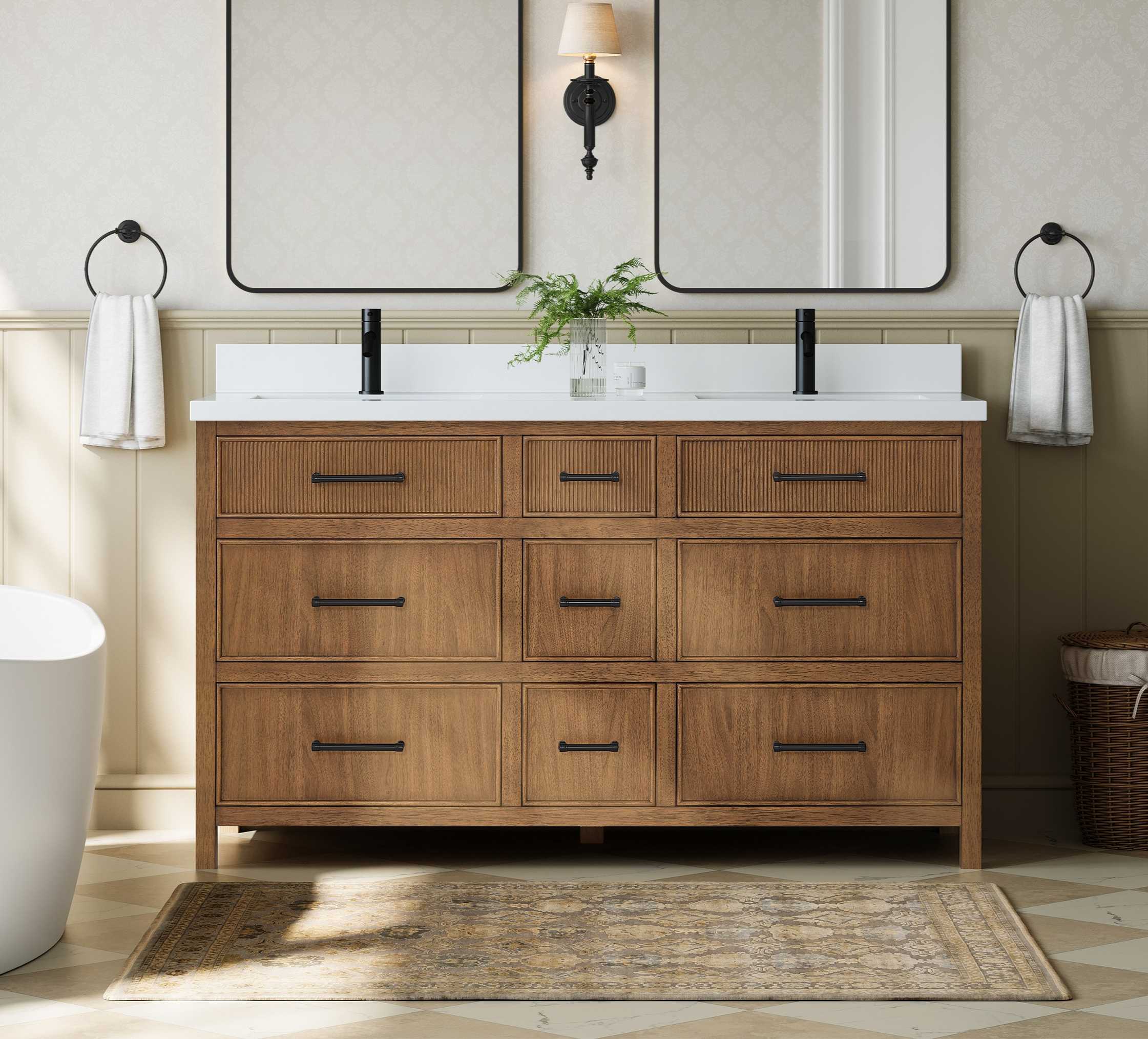 60" Double Bathroom Vanity in Toasted Walnut, Base only, Matte Black Trim with Countertop Options and Hardware Option