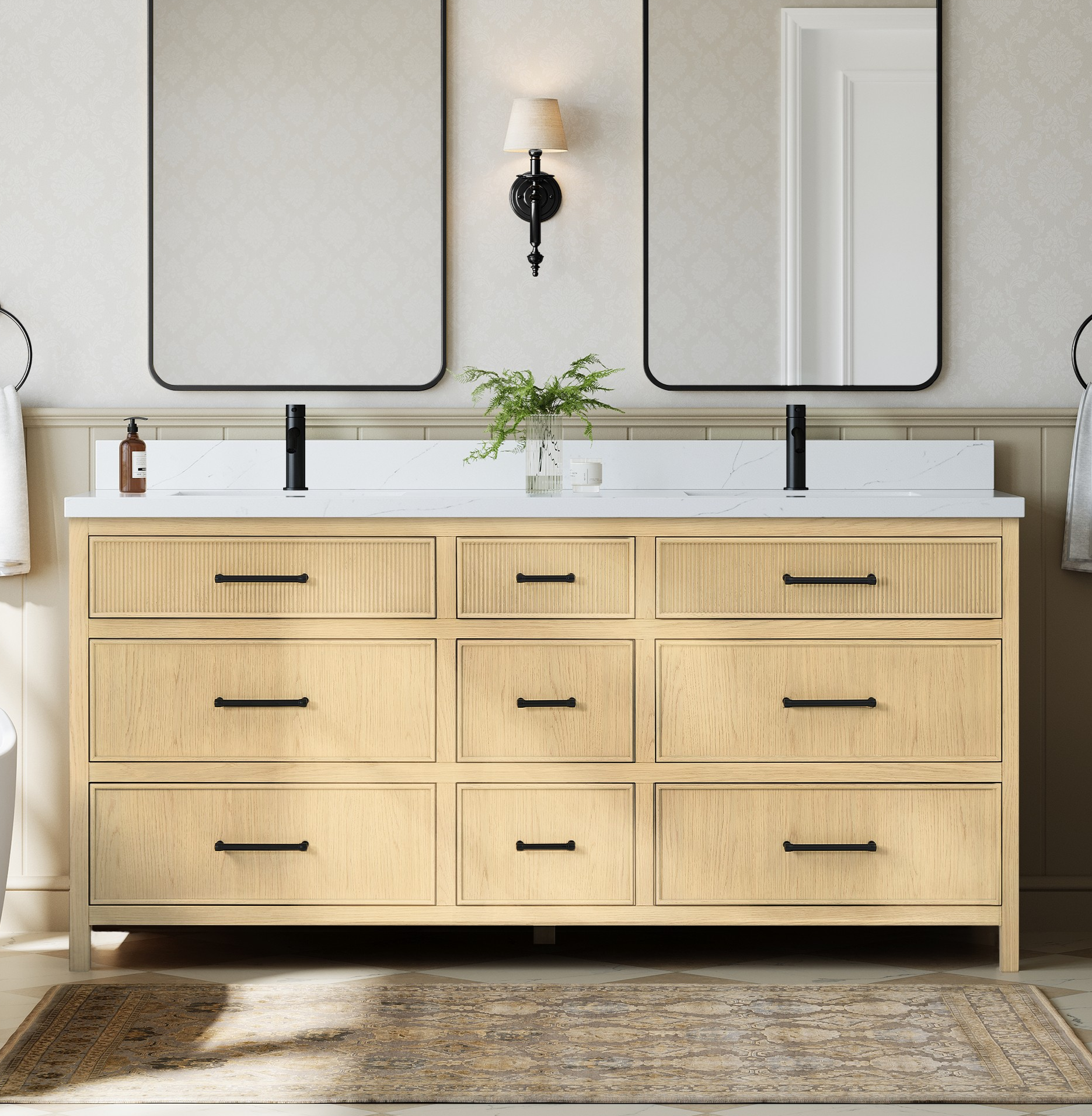 72" Double Bathroom Vanity in Scandinavian Oak, Base only, Matte Black Trim with Countertop Options and Hardware Option