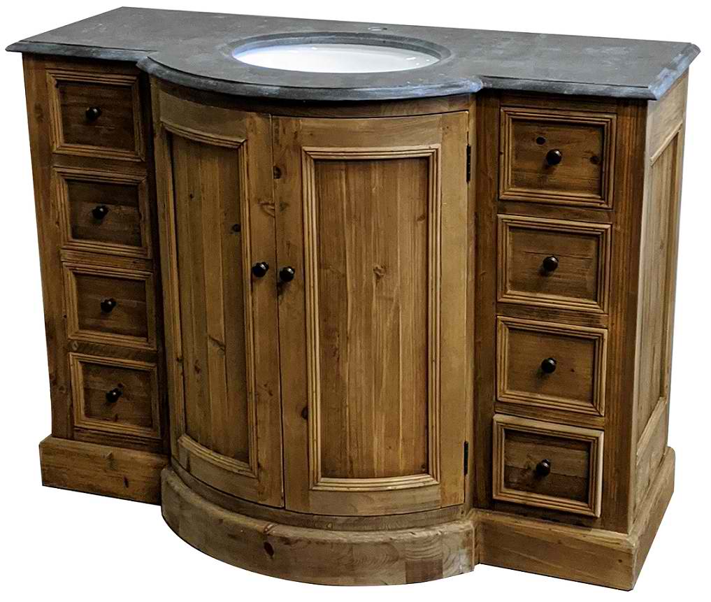 48" Reclaimed Pine Single Bowed Front Vanity with Blue Stone Top Natural Finish