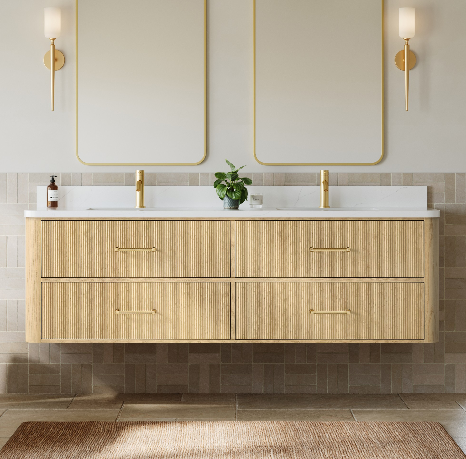 72" Double Wall Mounted Bathroom Vanity in Scandinavian Oak, with Countertop Options and Hardware Option