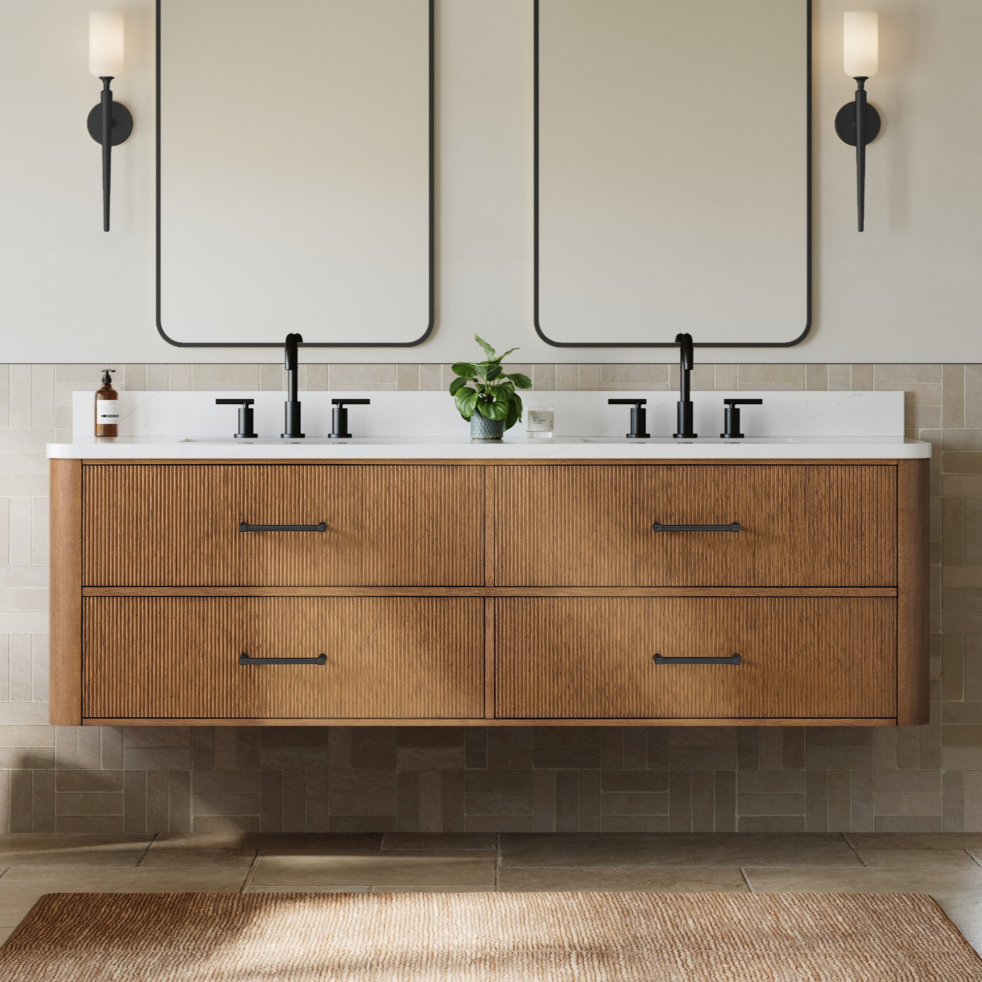 72" Double Wall Mounted Bathroom Vanity in Toasted Walnut, with Countertop Options and Hardware Option