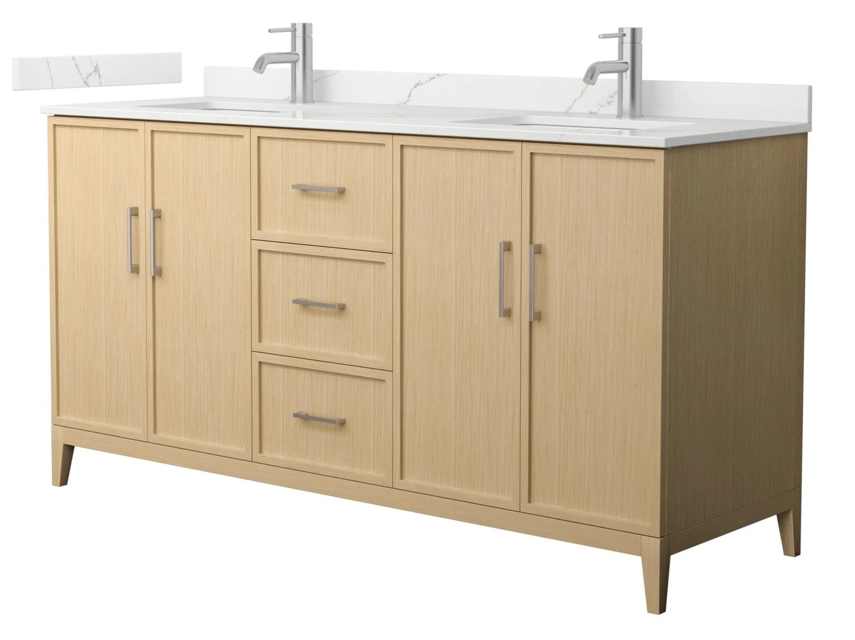 66" Transitional Double Vanity Base in White Oak, 7 Top Options with 2 Hardware Option 66" Transitional Double Vanity Base in White Oak, 7 Top Options with 2 Hardware Option