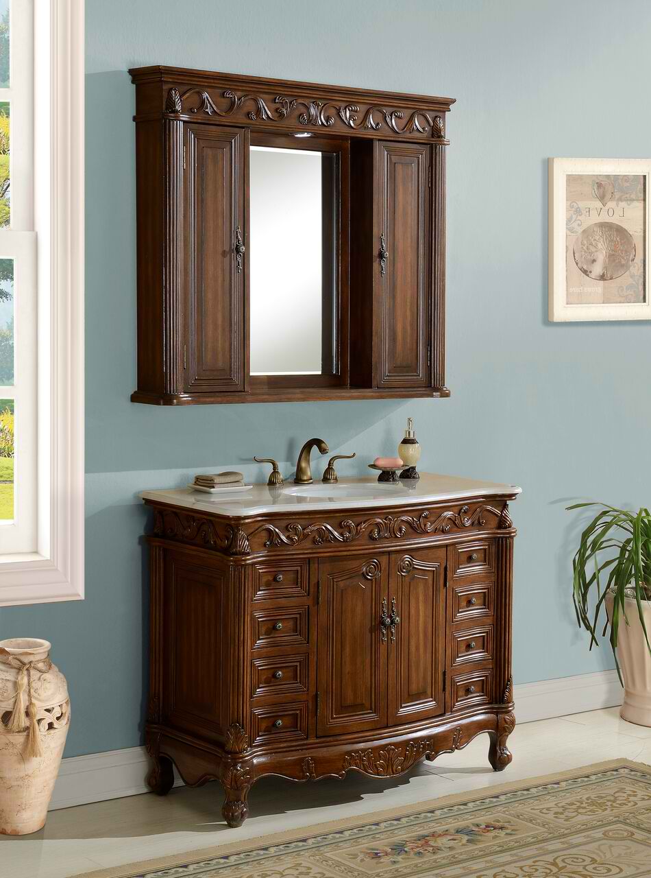 42" Deep Chestnut Finish with Matching Medicine Cabinet, with Marble Top Option