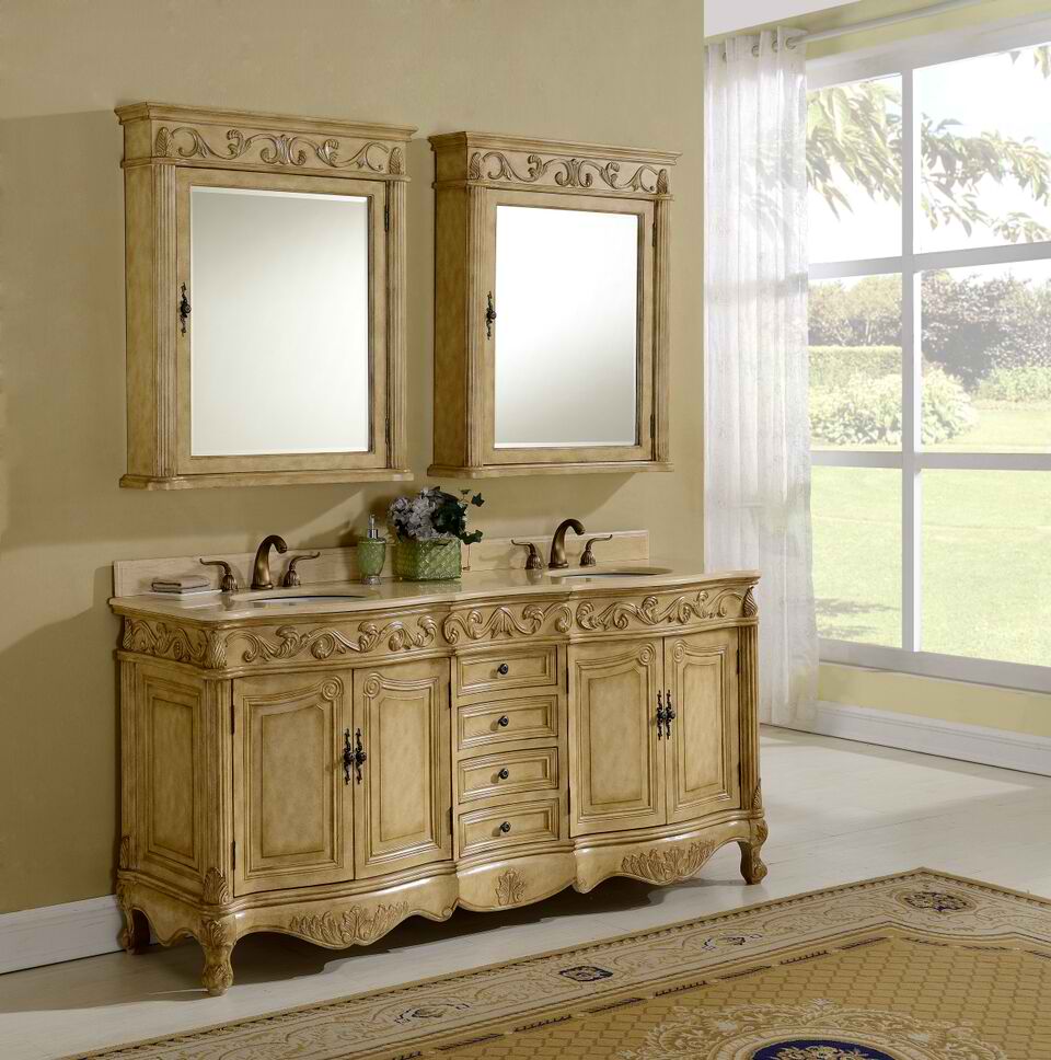 72" Antique Tan Finsih Vanity with Mirror, Med Cab, and Linen Cabinet Options