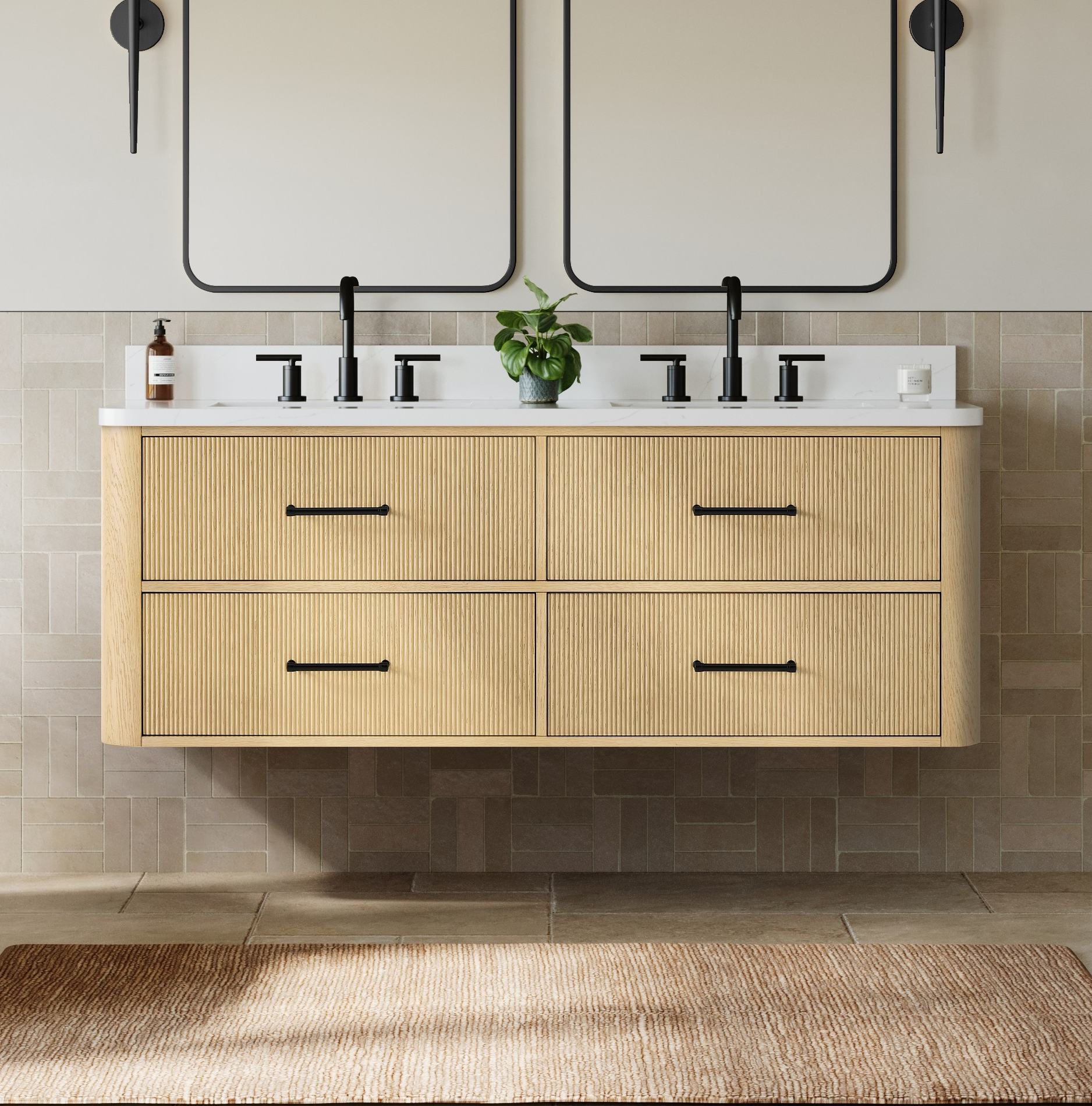 60" Double Wall Mounted Bathroom Vanity in Scandinavian Oak, with Countertop Options and Hardware Option
