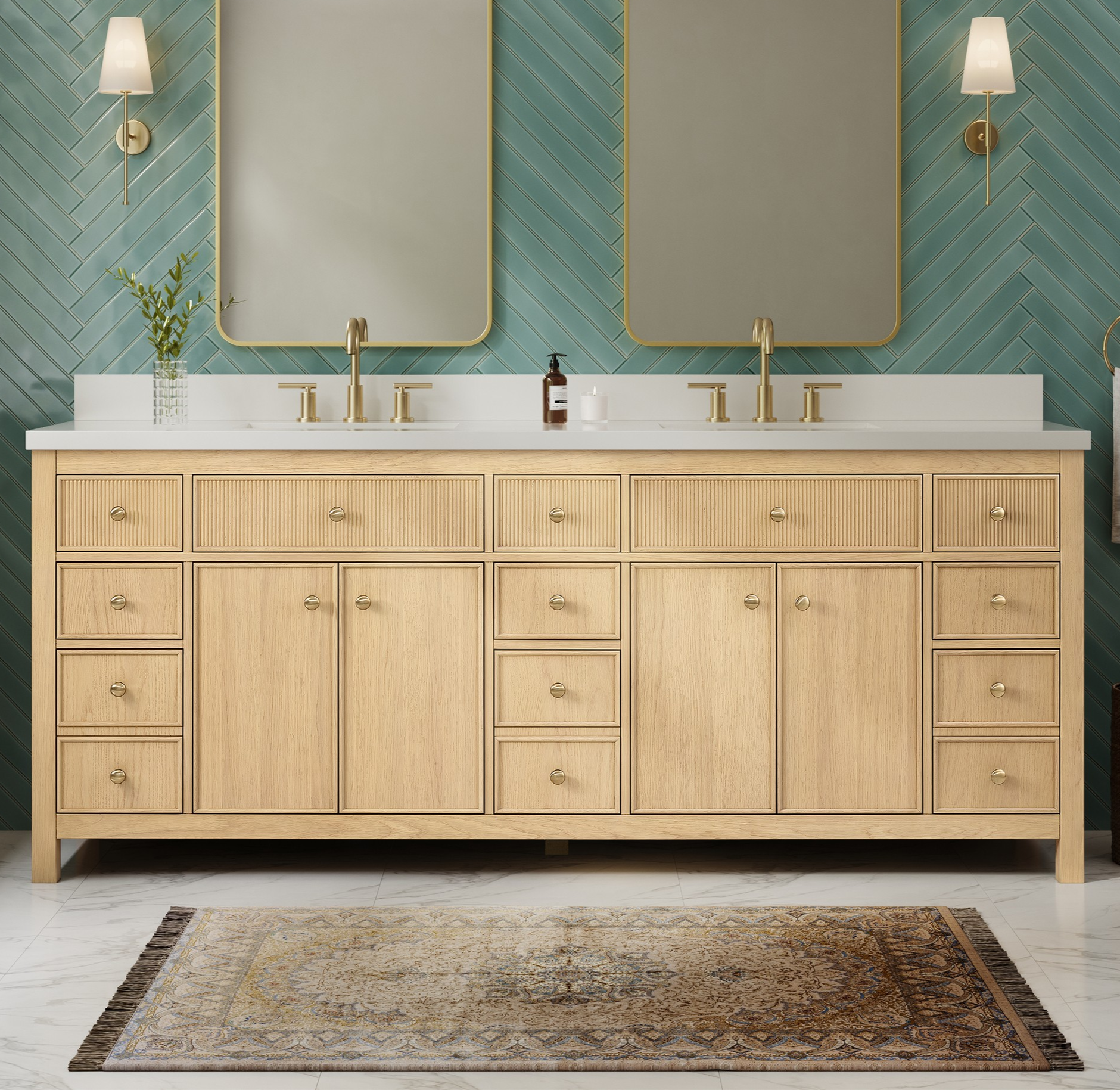 84" Double Bathroom Vanity in Scandinavian Oak, Base only, Satin Bronze Trim with Countertop Options and Hardware Options
