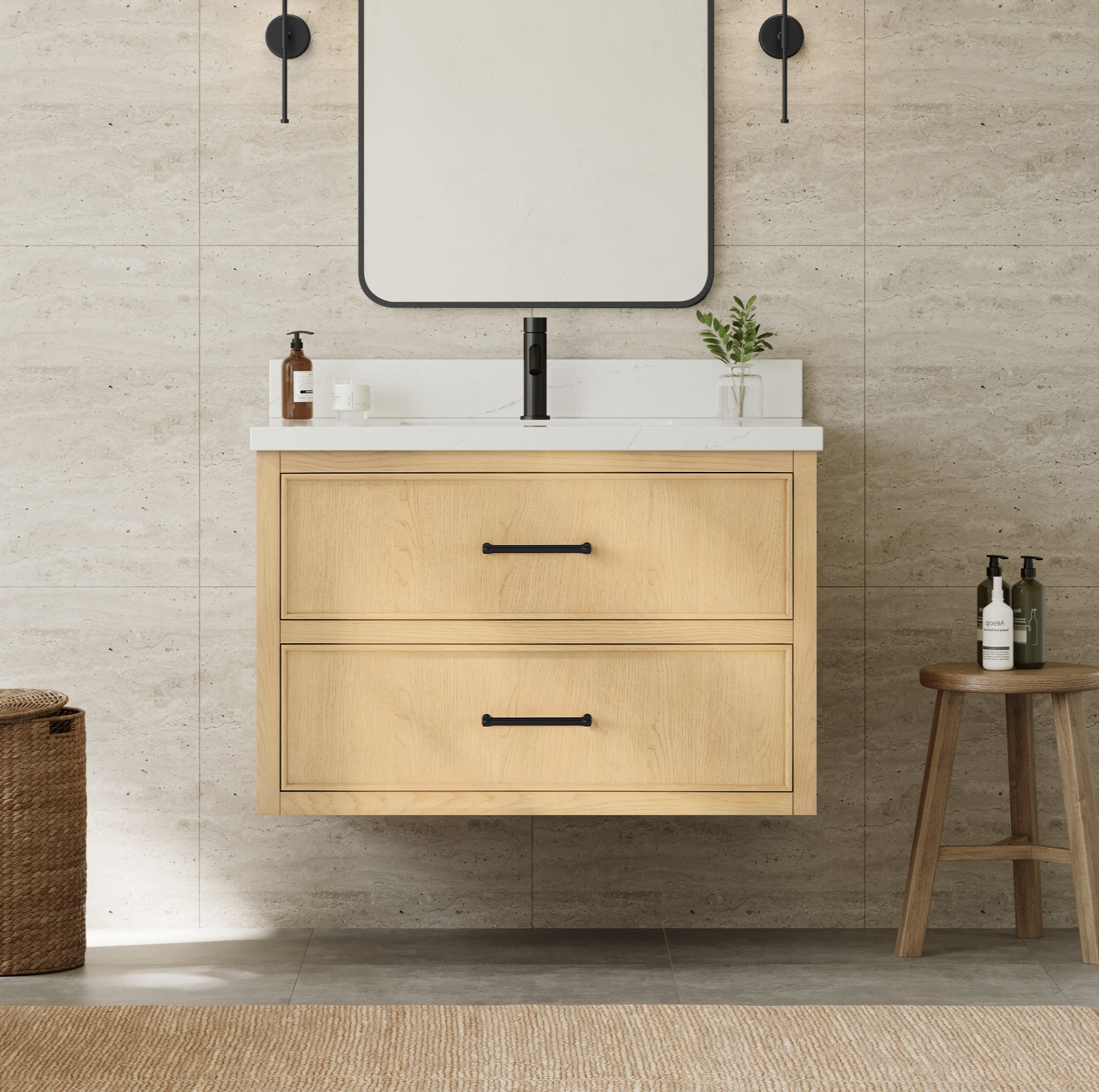 36" Single Wall Mounted Bathroom Vanity in Scandinavian Oak, Base only, Matte Black Trim with Countertop Options and Hardware Option