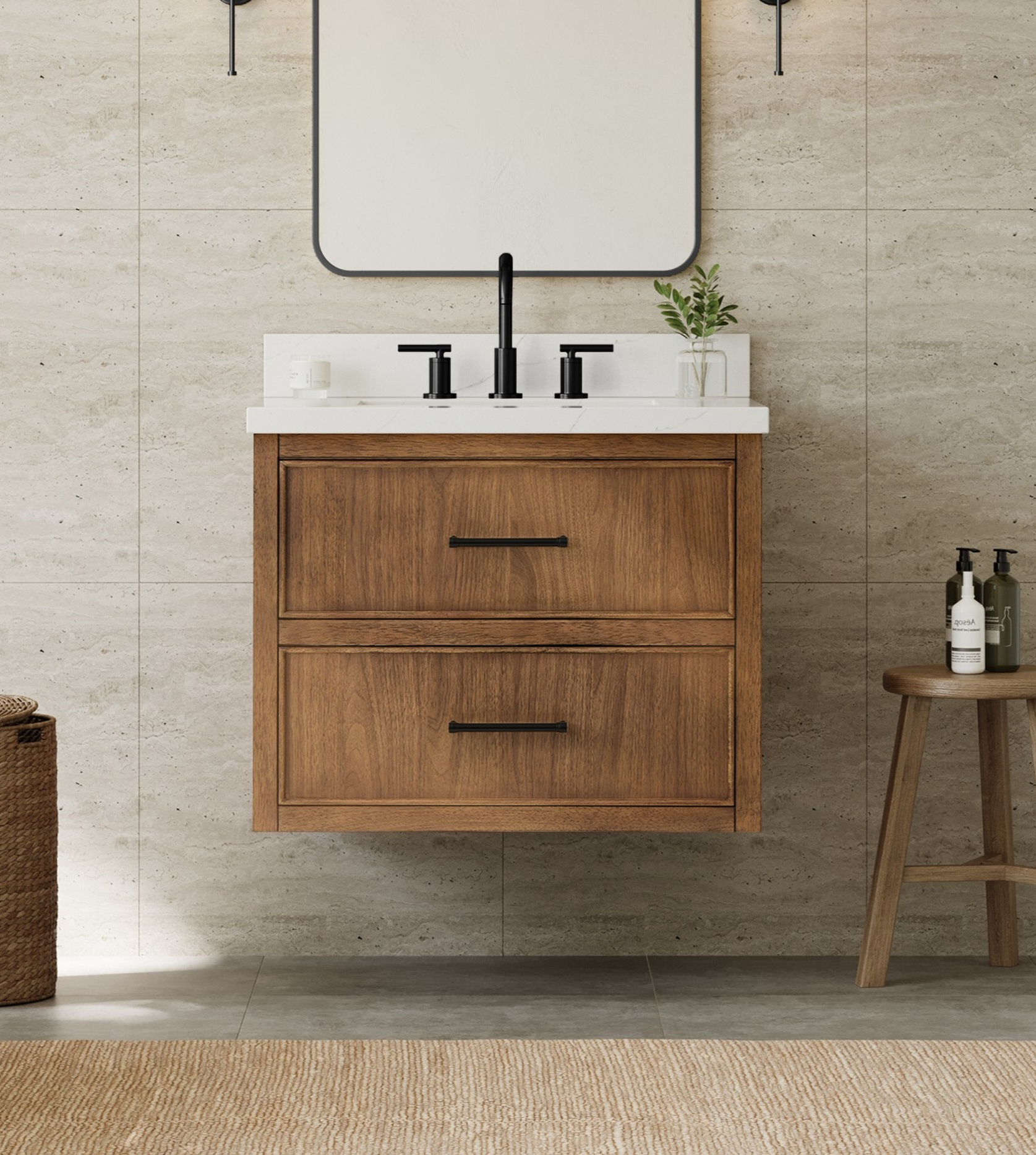 30" Single Wall Mounted Bathroom Vanity in Toasted Walnut, Base only, Matte Black Trim, with Countertop Options and Hardware Option