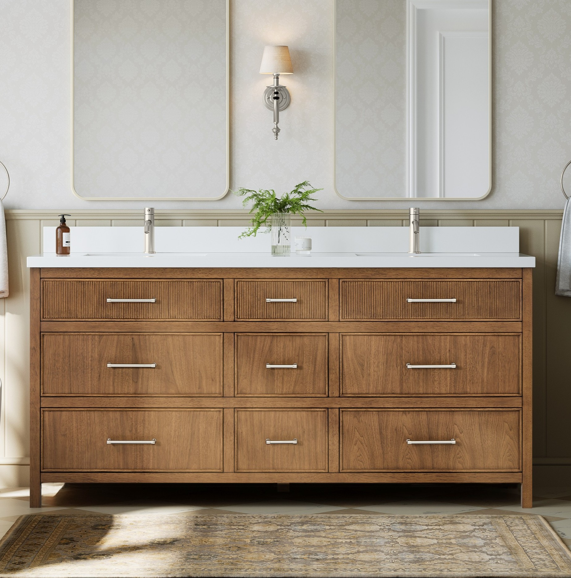 72" Double Bathroom Vanity in Toasted Walnut, Base only, Brushed Nickel Trim with Countertop Options and Hardware Option