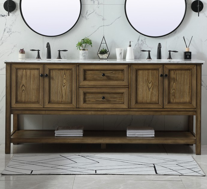 Modern Fitting 72" Double Bathroom Vanity in Driftwood Finish