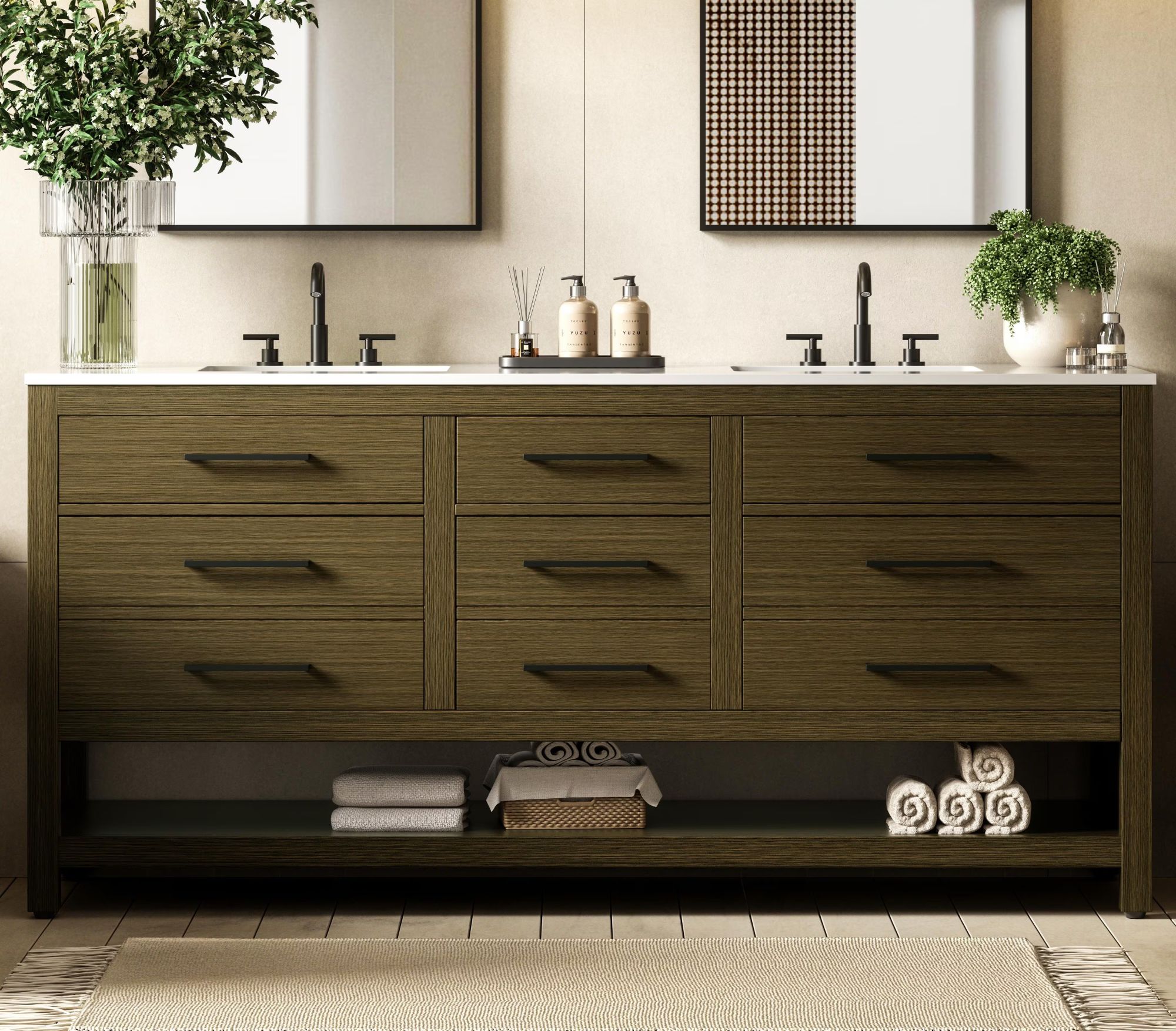 Modern Fitting 72" Double Bathroom Vanity in Chestnut Brown with 4 Color Options