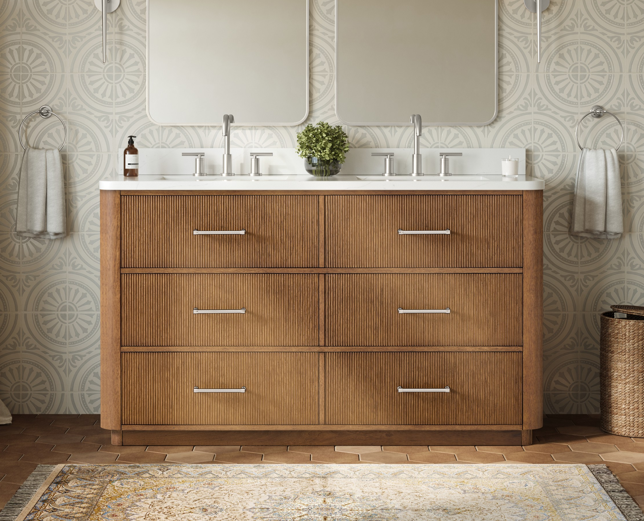 60" Double Bathroom Vanity in Toasted Walnut, with Countertop Options and Hardware Option