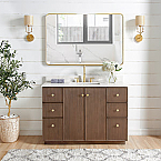 Issac Edwards 48" Free-standing Single Bath Vanity in Aged Dark Brown Oak with Fish Maw White Quartz Stone Top and Mirror