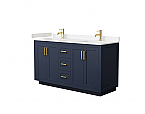 60" Double Bathroom Vanity in Dark Blue, Light-Vein Carrara Cultured Marble Countertop, Undermount Square Sinks, 3 Trim Options