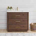 Issac Edwards 36" Free-standing Single Bath Vanity in Aged Dark Brown Oak with Fish Maw White Quartz Stone Top and Mirror