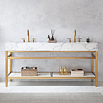 Ecija 72" Free-standing Double Bath Vanity in Brushed Gold Metal Support with Pandora White Composite Stone Top and Mirror