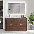 Issac Edward 55" Free-standing Single Bath Vanity in Aged Dark Brown Oak with Fish Maw White Quartz Stone Top and Mirror