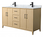 60" Transitional Double Vanity Base in White Oak, 7 Top Options with 2 Hardware Option