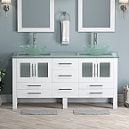 63" Solid Wood Vanity with Frosted Glass Counter Top and Two Matching Vessel Sinks, Two Tall Faucet Chrome