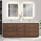 Issac Edwards 84" Free-standing Double Bath Vanity in Aged Dark Brown Oak with Fish Maw White Quartz Stone Top and Mirror