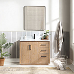 Issac Edwards 42" Free-standing Single Bath Vanity in Fir Wood Brown with White Grain Composite Stone Top and Mirror