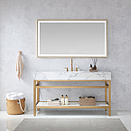 Ecija 60" Free-standing Single Bath Vanity in Brushed Gold Metal Support with Pandora White Composite Stone Top and Mirror