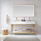 Ecija 60M" Free-standing Double Bath Vanity in Brushed Gold Metal Support with Pandora White Composite Stone Top and Mirror