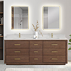 Issac Edwards 72" Free-standing Double Bath Vanity in Aged Dark Brown Oak with Fish Maw White Quartz Stone Top and Mirror