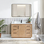 Issac Edwards 48" Free-standing Single Bath Vanity in Fir Wood Brown with White Grain Composite Stone Top and Mirror