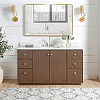 Issac Edwards 60" Free-standing Single Bath Vanity in Aged Dark Brown Oak with Fish Maw White Quartz Stone Top and Mirror