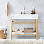 36" Ecija Free-standing Single Bath Vanity in Brushed Gold Metal Support with Pandora White Composite Stone Top and Mirror