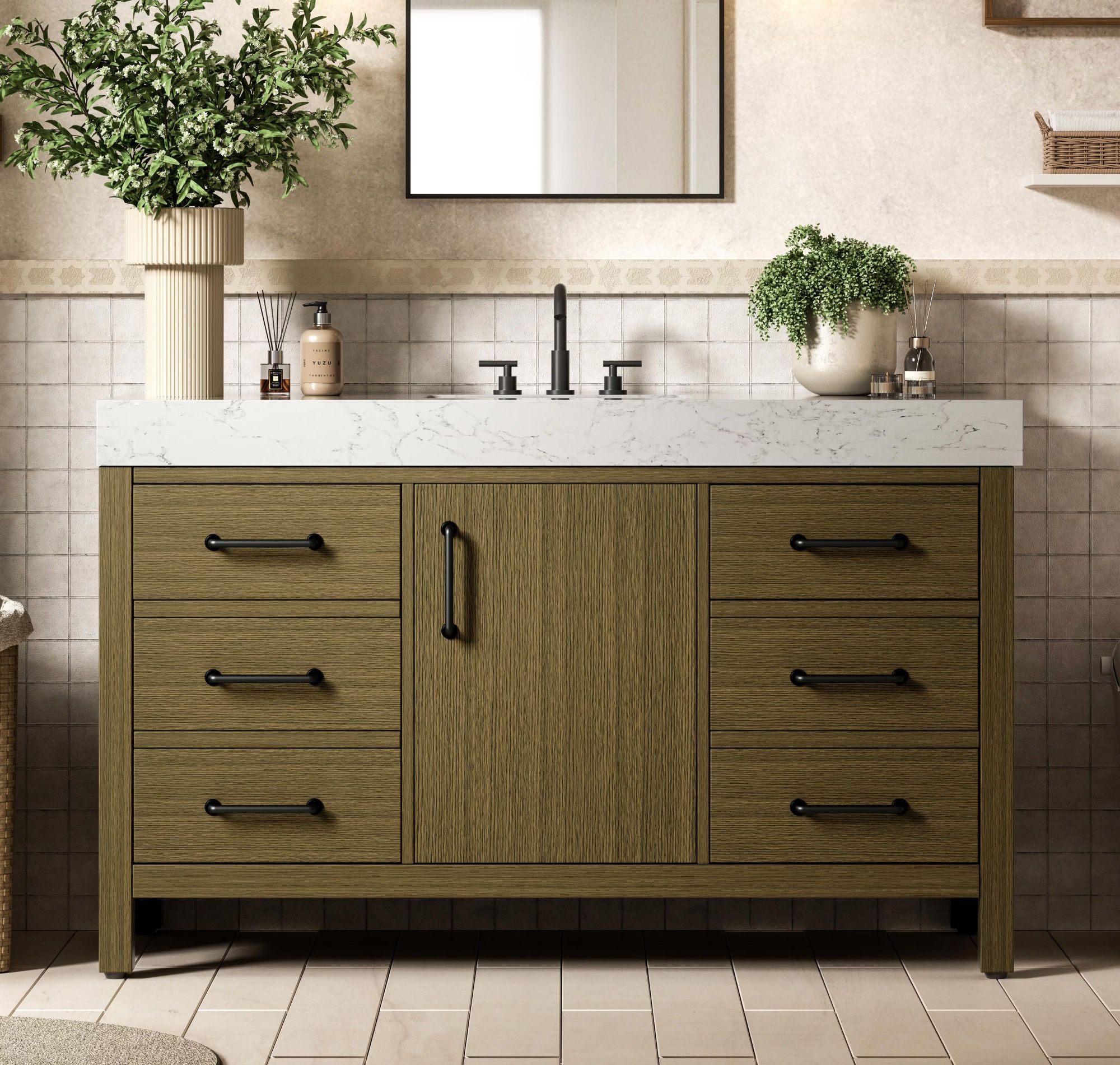 Modern Fitting 54" Transitional Single Bathroom Vanity in Chestnut Brown with 4 Color Options