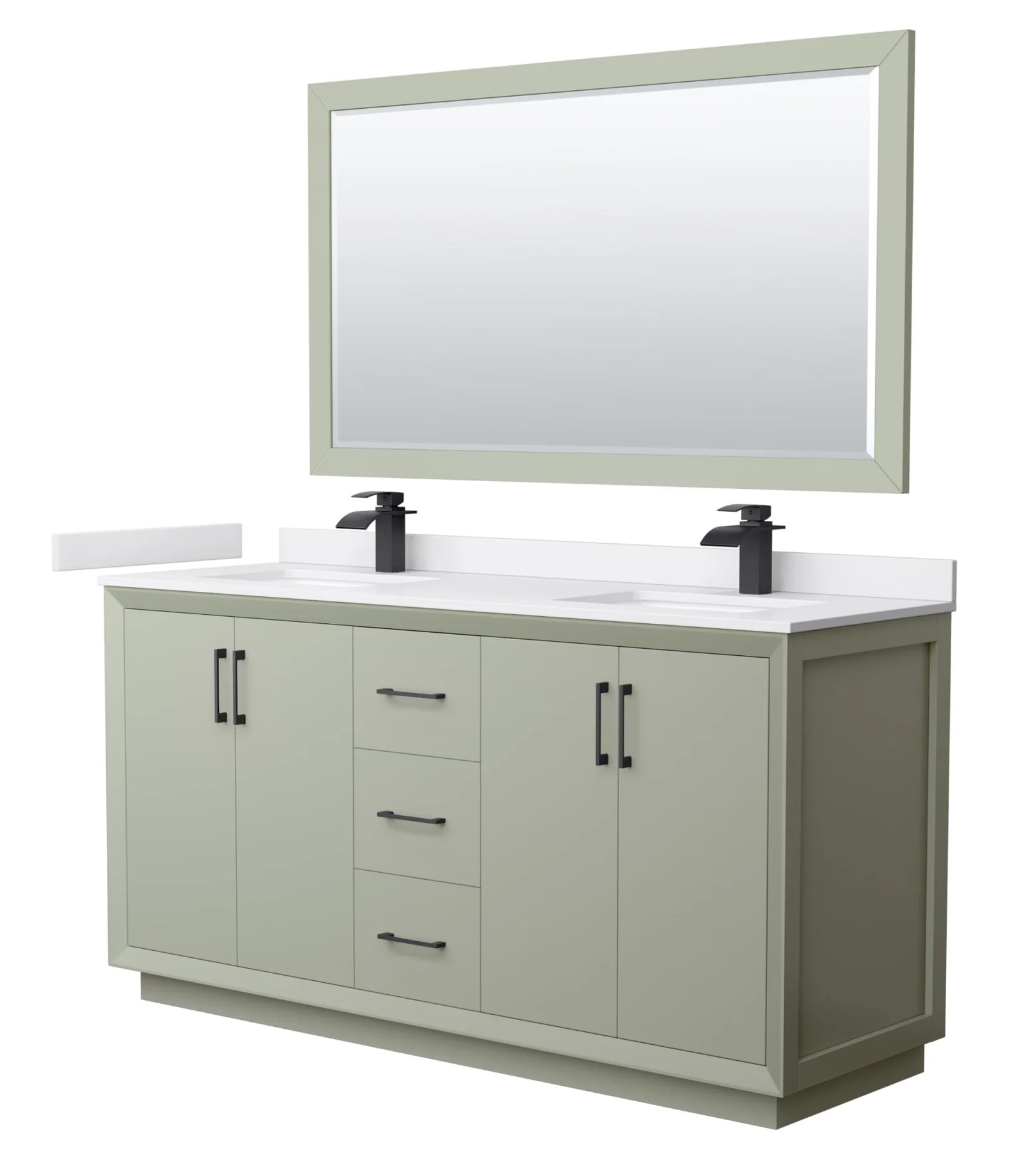 66" Transitional Double Vanity Base in Light Green, 3 Top Option, with 3 Hardware Options and Mirror Option
