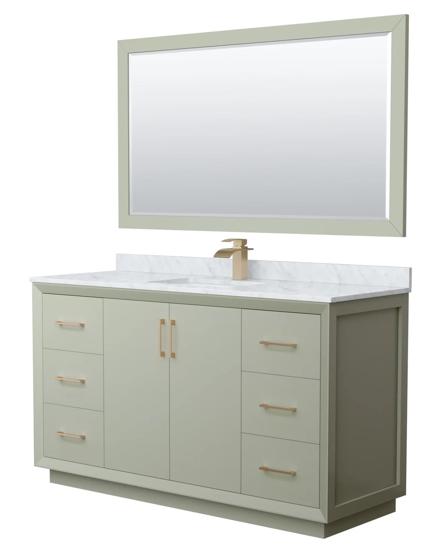 60" Transitional Single Vanity Base in Light Green, 3 Top Option, with 3 Hardware Options and Mirror Option